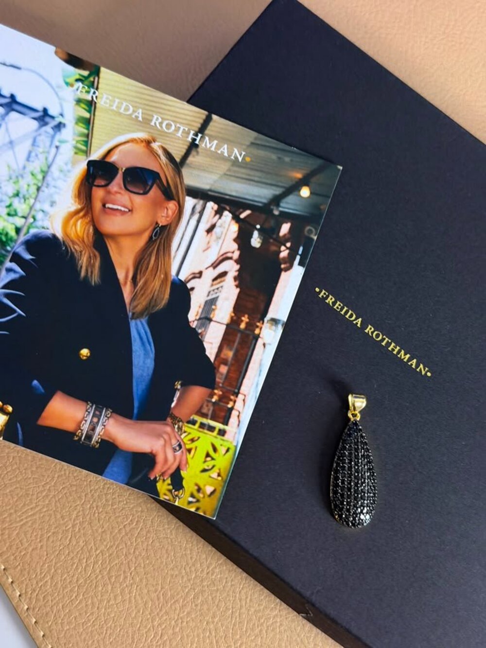 FREIDA ROTHMAN VAULT - Gold Pendant with Black Stones Teardrop Pendant